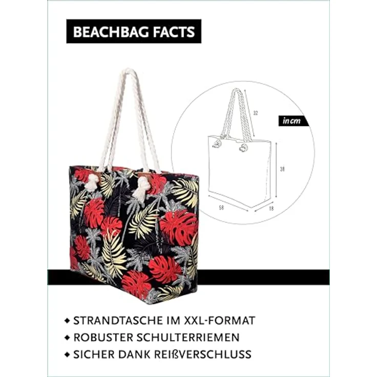 DonDon Strandtasche XXL mit Reißverschluss, Robuste Shopper Tasche Damen für Strand & Meer, 58 x 38 x 18 cm - Inklusive Mini Tasche im stylischen Design – Bild 3
