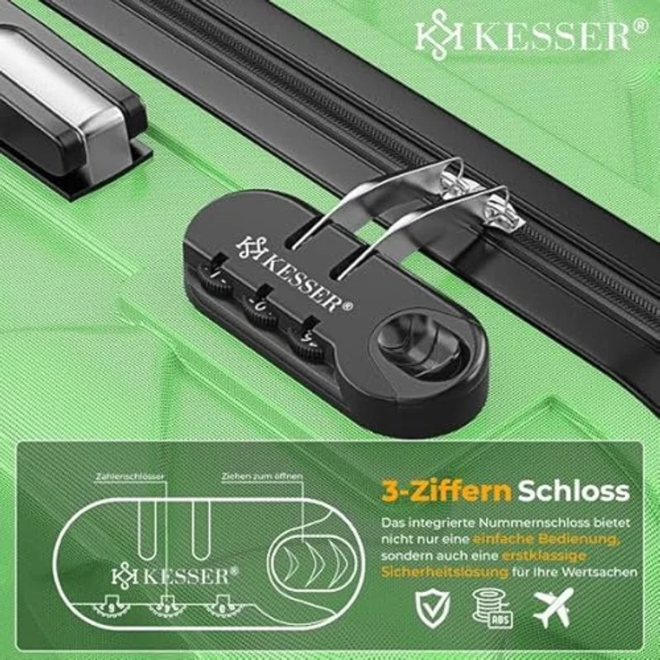 KESSER® Reisekoffer Set 4-teilig, ABS Hartschalenkoffer mit Zahlenschloss, Kofferwaage & Reisebrieftasche, 360° Rollen, Handgepäck & große Koffer für Business & Reise, Apple Green – Bild 3