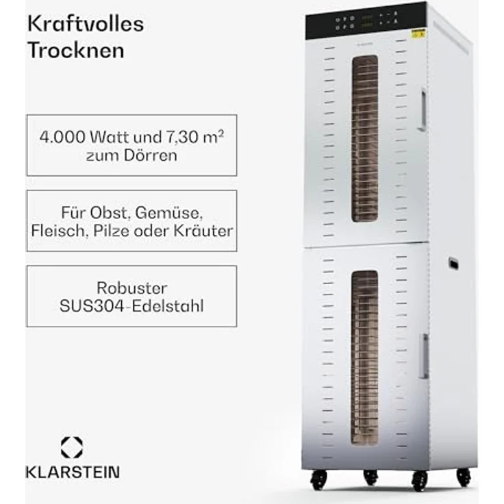 Klarstein Dörrautomat Edelstahl – 4.000-W-Dörrgerät, 48 Edelstahl-Einlegeböden, 30–90 °C, 24-Stunden-Timer, 6 Ventilatoren, 2 Trockenkammern, 50–55 dB, ideal für Obst, Gemüse, Fleisch, Kräuter, Silber – Bild 2