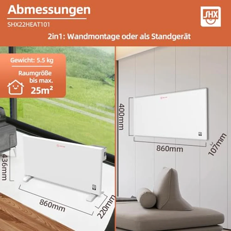 SHX Slim-Konvektorheizung Aluminium-Heizelement LED-Anzeige Thermostat Timer Überhitzungsschutz, Wand- Standmontage – Bild 6