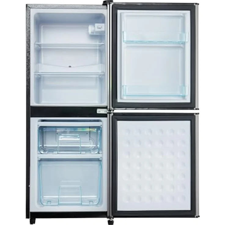 Merax 106L Zweizonen-Energiesparkühlschrank, 60L Kühlschrank + 46L 4-Sterne-Gefrierschrank, 7 Temperatureinstellungen, grau-silber gebürstet, LED-Beleuchtung, verstellbare Einlegeböden – Bild 3