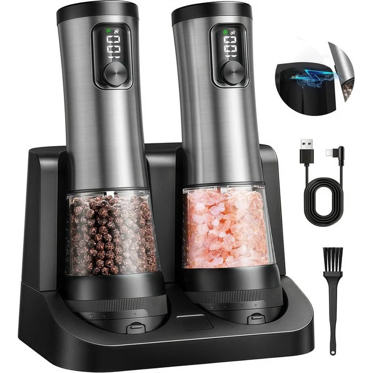 AKKEE Elektrische Salz-/Pfeffermühle Set mit LCD-Display, USB-C Aufladung, 100 ml Fassungsvermögen, Schwarz