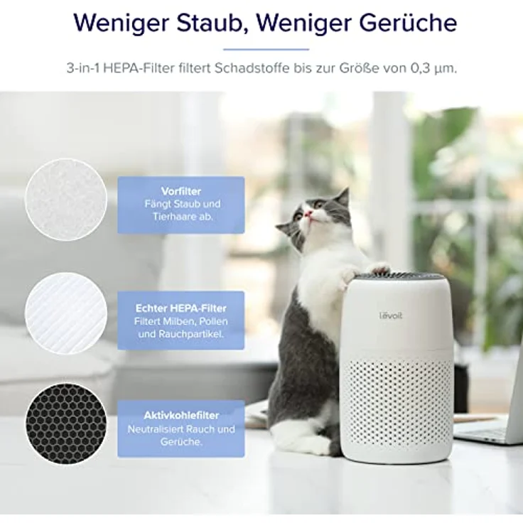 LEVOIT HEPA Luftreiniger mit Aromatherapie, 7 Watt energiesparend, Air Purifier mit 3 Geschwindigkeiten gegen Schimmel Staub Tierhaare bis zu 0,3 μm für Allergiker Schlafzimmer, 25dB, Weiß – Bild 3
