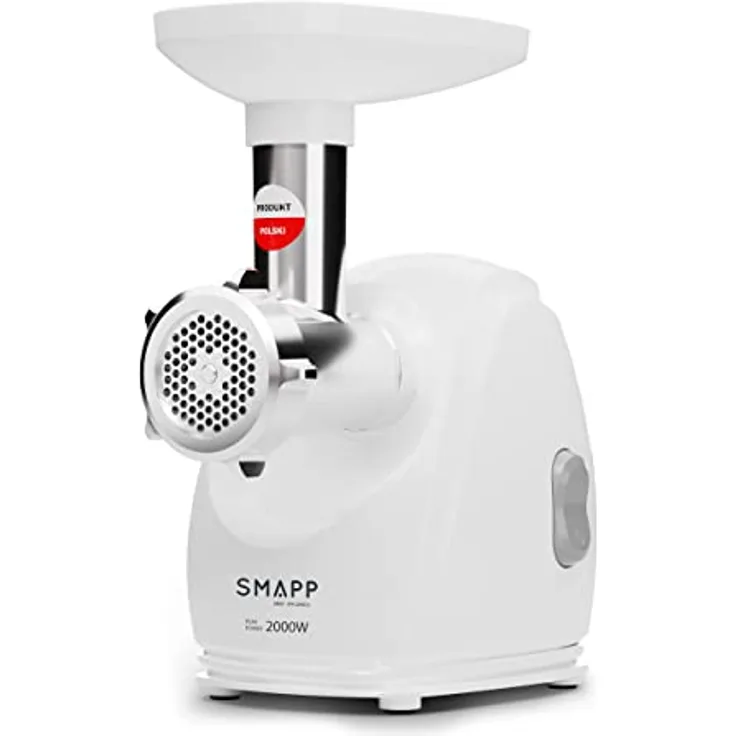 SMAPP 489.8 Elektrische Fleischwolf – 2000W, WEISS, 3 Edelstahl-Lochscheiben (2,7mm, 4mm, 8mm), Wurstaufsatz, kompakt & leise, Anti-Rutsch-Füße