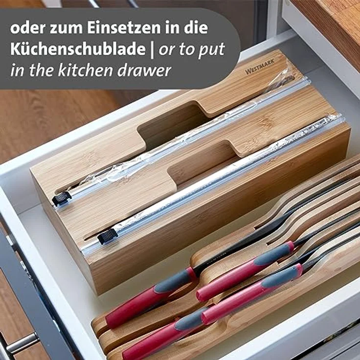 Westmark Folienspender mit Schneidvorrichtung – Alufolien- und Frischhaltefolienspender mit Gleitschneider, müheloses Abtrennen von Folien ohne Reißen, Rollen bis 31 cm – Bambus – Bild 4