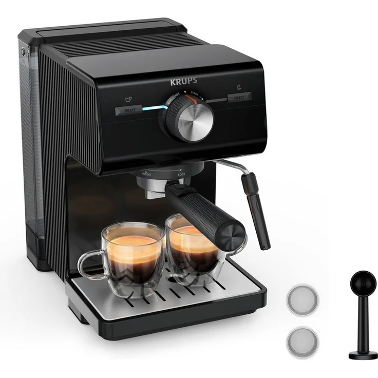 Krups Siebträgermaschine XP3818 AUTHENTIC, Espressomaschine mit Dampfdüse, Heißwasser-Funktion und großem Wassertank