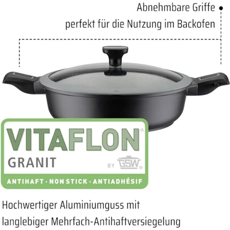 GSW 167833 Easy Click Schmorpfanne, Aluminium schwarz mit Glasdeckel und abnehmbaren Griffen, Ø 28 cm, für alle Herdarten geeignet – Bild 3