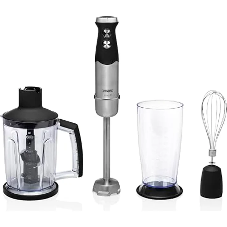 Princess 221221 XL Stabmixer, 1000 Watt, inkl. Schneebesen, Mixbecher, Zerkleinerer-Aufsatz, silber, schwarz – Bild 2