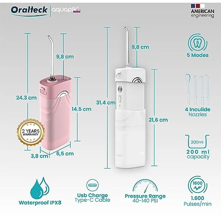Aquapik Mini-Munddusche, tragbar, einziehbar, für Reisen und Büro, USB-Aufladung, 4 Düsen, 3 Leistungen, wasserdicht IPX8, für die ganze Familie (Weiß) – Bild 2