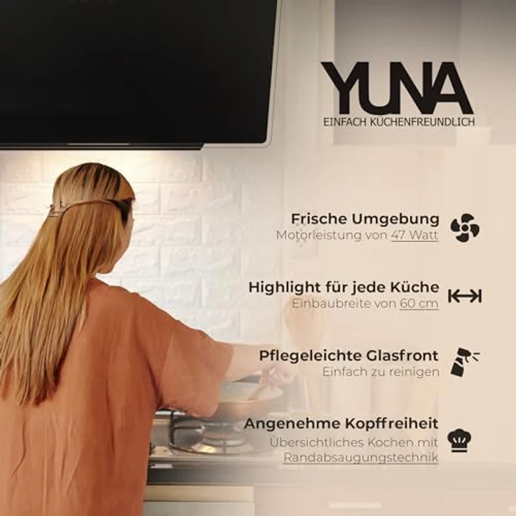 Yuna Duana Dunstabzugshaube, A, Abluft und Umluft, Wandmontage, Breite 60 cm, Randabsaugung, Drucktasten – Bild 5