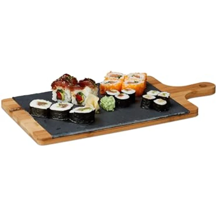 Relaxdays Servierbrett, Bambus, Schiefer Platte, Schneidebrett, Griff, rustikal, H x B x T: 1,8 x 45 x 22,5 cm, grau – Bild 6