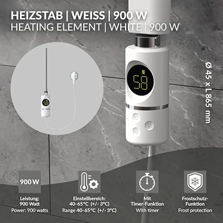 LuxeBath Heizstab 900W Weiß, elektrischer Heizstab mit Thermostat und LCD-Temperaturregler – Bild 4