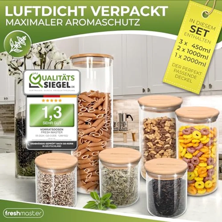 Fresh Master Vorratsglas Vorratsdosen Glas mit Bambus-Deckel, Borosilikatglas, luftdichte Aufbewahrung (12-tlg) – Bild 4