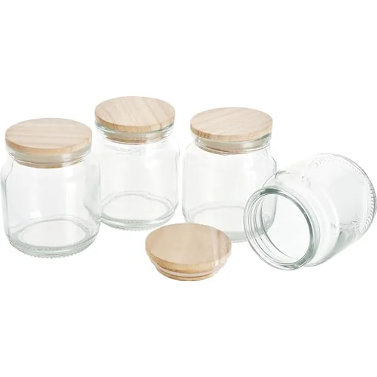 VBS Vorratsglas mit Holzdeckel, 4er Set, 100 ml, Glasbehälter für Gewürze und Bastelprojekte