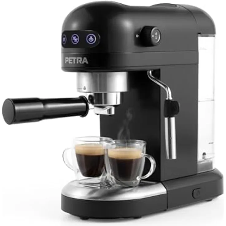 Petra PT5240BVDE Espresso Machine, Siebträgermaschine mit 15 bar Druckpumpe und Milchaufschäumer, Schwarz