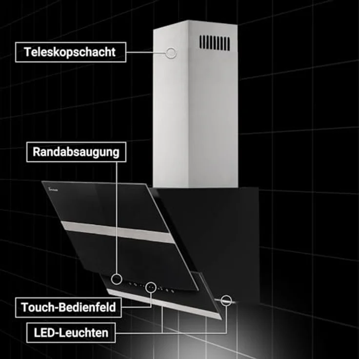 KKT KOLBE HERMES8005S Dunstabzugshaube 80 cm Edelstahl schwarzes Glas LED-Beleuchtung SensorTouch-Bedienung A+++ – Bild 3