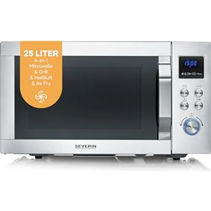 SEVERIN 4-in-1 Mikrowelle „Crispy Wave“, Heißluftfunktion bis 230°C, Heißluftfritteuse, Grill & Backofen, 25L, 2150 W, Silber/Edelstahl, MW 7982 – Bild 1