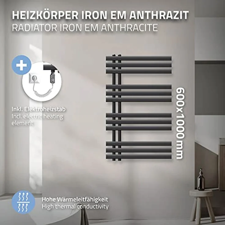 ECD Germany Iron EM Design Badheizkörper Elektrisch mit Heizstab 600 W - 600 x 1000 mm - Anthrazit - Paneelheizkörper Handtuchtrockner – Bild 3