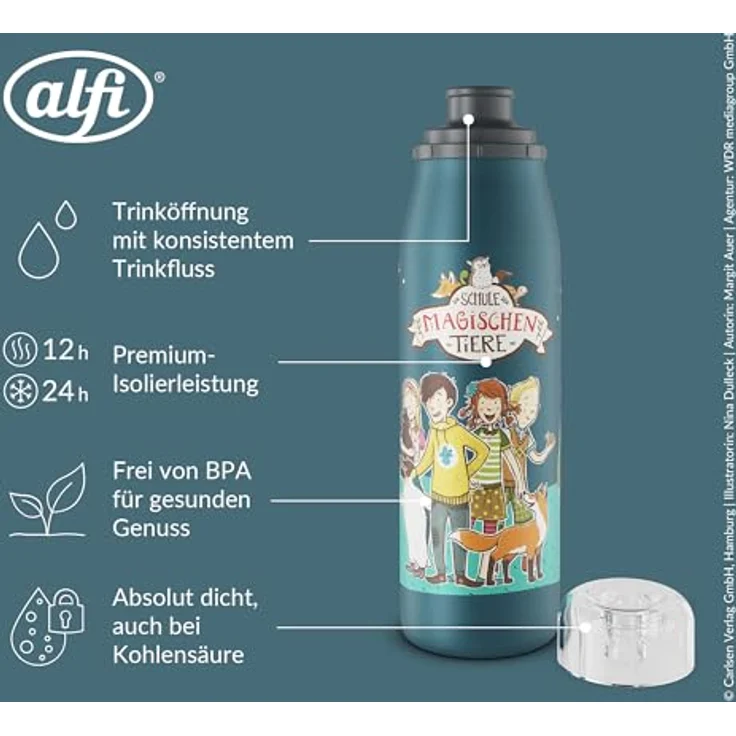 alfi KIDS ISO BOTTLE 500ml, blaue Isoliertrinkflasche aus Edelstahl, 12 Stunden heiß, 24 Stunden kalt, auslaufsicher mit Drehverschluss, für Kohlensäure geeignet, BPA-frei – Bild 3