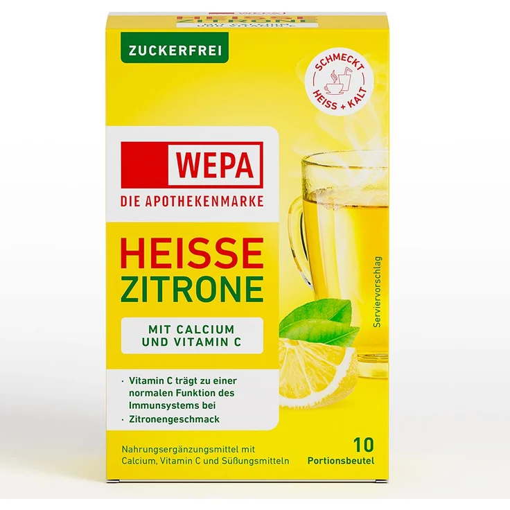 Wepa heiße Zitrone + Vit.C + Calcium, zuckerfreies Pulver für Heißgetränke, 10x10 g