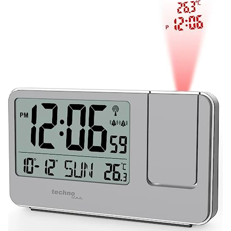 technoline WT 534, Projektionswecker mit Funkuhr, Schlummerfunktion und Datumsanzeige, silber – Bild 2