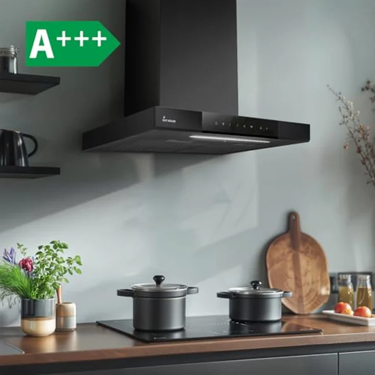 KKT KOLBE SHAPE6005S Dunstabzugshaube 60 cm, A+++ Energieeffizienz, 754 cbm/h, Wandhaube, Umluft/Abluft, schwarz, Glas, Touch Bedienung, Nachlaufautomatik, Bi-Color LED Beleuchtung – Bild 3