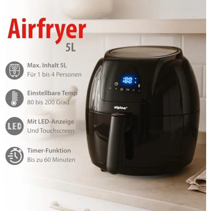 alpina Heißluftfritteuse - 5 Liter - 230V - Airfryer - Digitaler Touchscreen - Huhn, Gemüse, Brot, Muffin - 7-8 Personen – Bild 3