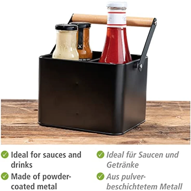 WENKO Utensilienkorb Baco, Black Outdoor Kitchen Zubehör, robuster Tragekorb aus pulverbeschichtetem schwarzem Metall mit flexiblem Holzgriff, ideal für den Transport von Saucen, 18 x 25,5 x 15 cm – Bild 3