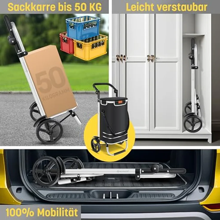 KESSER® Einkaufstrolley klappbar mit 56L Kapazität und belastbar bis 50kg | 3in1 Trolley Sackkarre & Umhängetasche | Faltbarer Einkaufswagen inkl. Kühlfach & Einkaufschip | Treppensteiger Schwarz – Bild 3