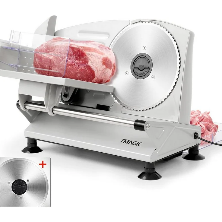 7MAGIC Allesschneider Brotschneidemaschine Elektrisch, Edelstahl, 150 W, stufenlos einstellbare Schnittstärke, 17 cm abnehmbare Klinge, silber