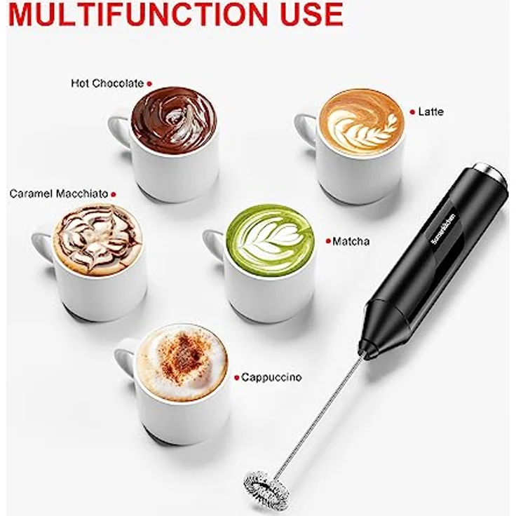 Bonsenkitchen Elektrische Milchaufschäumer, Handheld Milchschäumer Stab für Kaffee, Latte Macchiato, Cappuccino, Matcha, batteriebetrieben, Kaffeemixstab - Schwarz – Bild 4