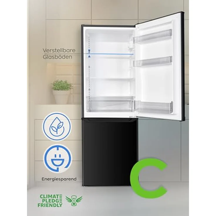 Heinrich´s Kühlgefrierkombination 173L Gesamtvolumen, 121L Kühlvolumen 52L Gefriervolumen, LED Beleuchtung, leise 40dB, große Tiefkühlboxen, 7 Temperaturstufen (schwarz) – Bild 2