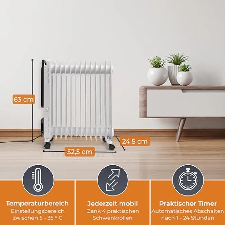 KLAMER Ölradiator 2500 W, Elektroheizung energiesparend, 13 Rippen, 3 Heizstufen mit Eco-Modus, 24h Timer, Thermostat, Überhitzungs- & Kippschutz, mit Fernbedienung, für Innenräume, weiß – Bild 3