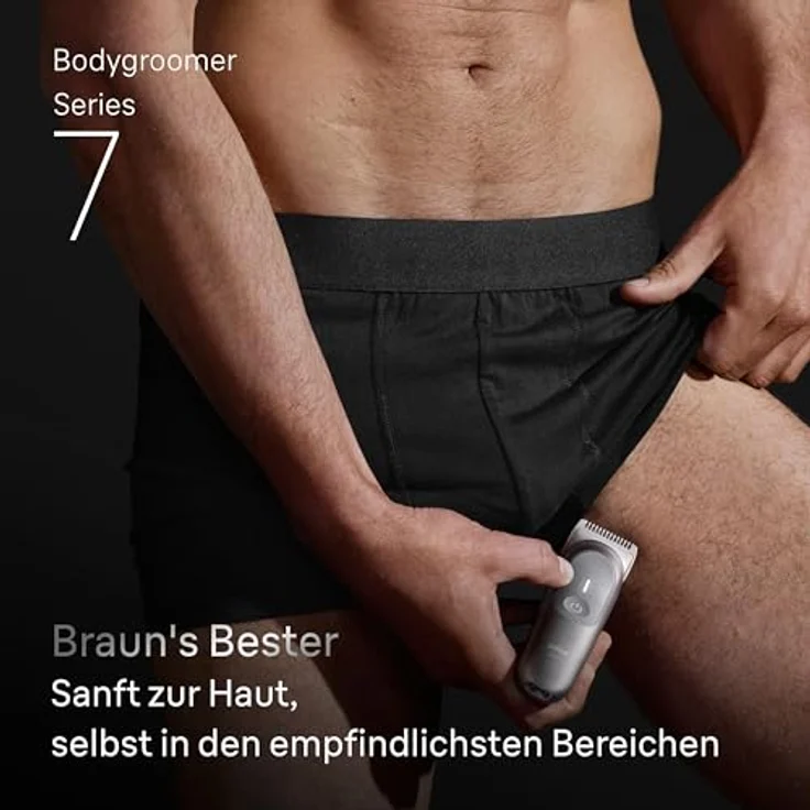 Braun Bodygroomer Series 7, +8 Zubehörteile, mit Smartlight & SkinGuard, 100 Min Akku, Sanft in empfindlichen Bereichen, Trimmen & Rasieren mit SensitiveTrim-Aufsatz, wasserdicht, Grau – Bild 2