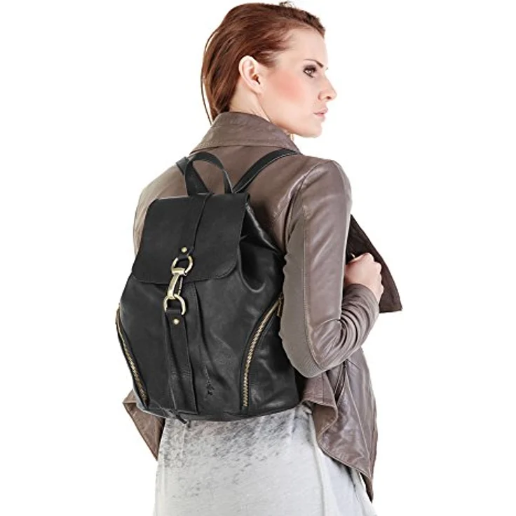 forty° Cityrucksack, echt Leder, Made in Italy, geräumig mit goldfarbenen Metallbeschlägen, schwarz – Bild 3