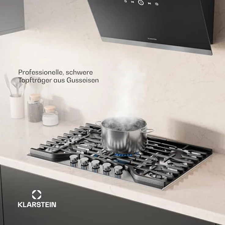 Klarstein Turbocast Gaskochfeld - 5-Brenner Edelstahl 304, 3,4 kW Wokbrenner, Gusseiserne Pfannenhalter, Elektrische Zündung, Sicherheitsabschaltung, LPG-Umrüstsatz, Gasherd, 750x500 mm, Silber – Bild 4