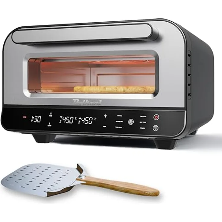BOLKANI Elektrischer Pizzaofen mit Pizzastein und Pizzaschieber, 450°C, 1700W, Timer und Innenbeleuchtung, für knusprige Steinofen-Pizza in 2 Minuten