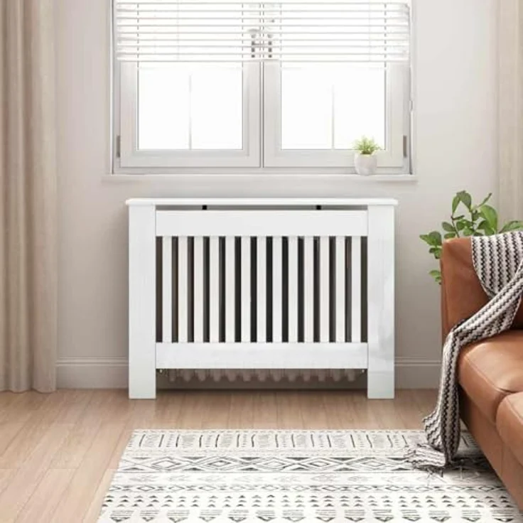 vidaXL Heizkörperabdeckung Hochglanz Weiß 112 x 19 x 81,5 cm, Moderner dekorativer Heizkörper-Schutz aus Holzwerkstoff, kindersicher mit praktischem oberen Regal – Bild 2