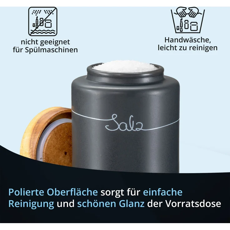 KHG Salz Aufbewahrung Keramik Steingut poliert, Anthrazit Grau Holz-Deckel Bambus, Salzdose luftdicht rund & mit Beschriftung, Vorratsdose Salz Höhe 16 cm & 11,5 cm – Bild 6