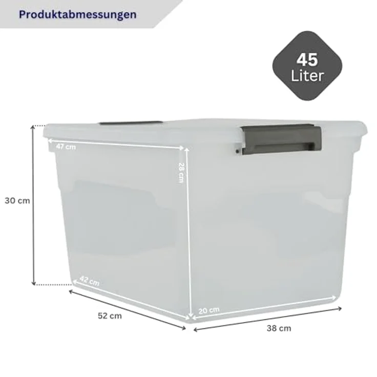 PROREGAL Aufbewahrungsbox mit Deckel 45L, 4er Set, transparent, stapelbar, mit Rollen und Verschlussclips für Küche, Haushalt und Keller – Bild 2