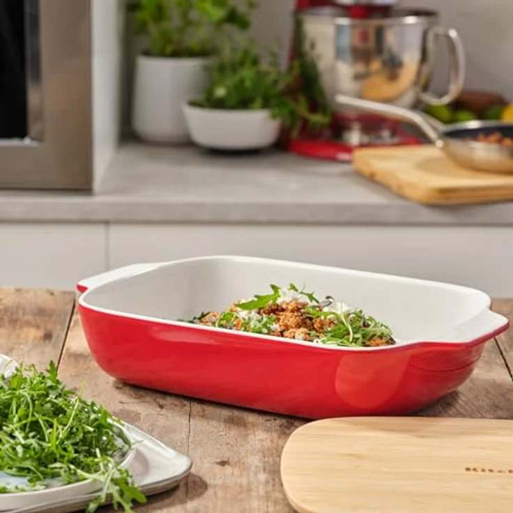 KitchenAid Stoneware Backform Rechteckig mit Bambusdeckel, Antihaftbeschichtung, PFAS-Frei, 32 cm/3,8L, Ofenfest bis 260°C, Spülmaschinenfest, Imperium Rot – Bild 3