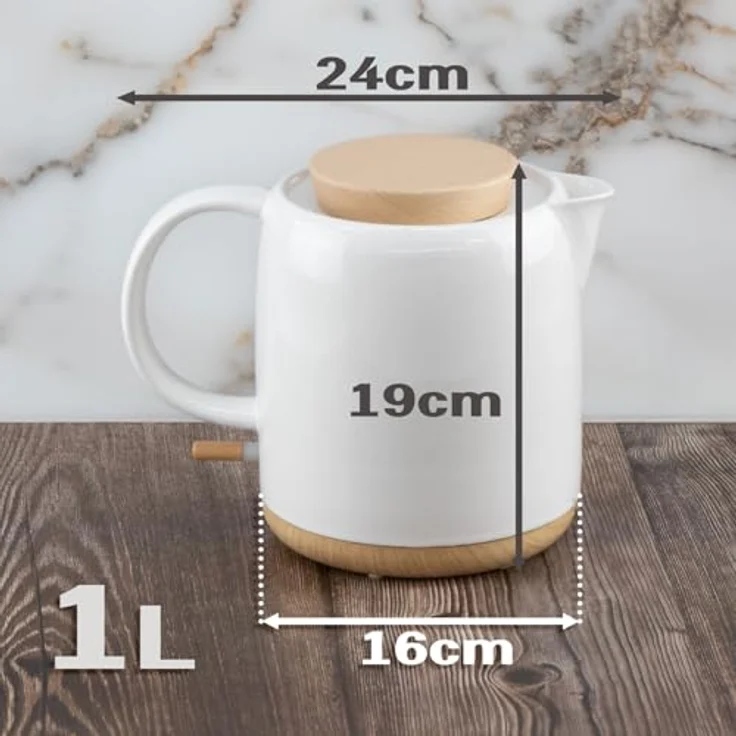 Kvota Elektrischer Wasserkocher aus Keramik mit Holz-Deckel, 1 Liter Volumen, weiß - Modernes Design. – Bild 2