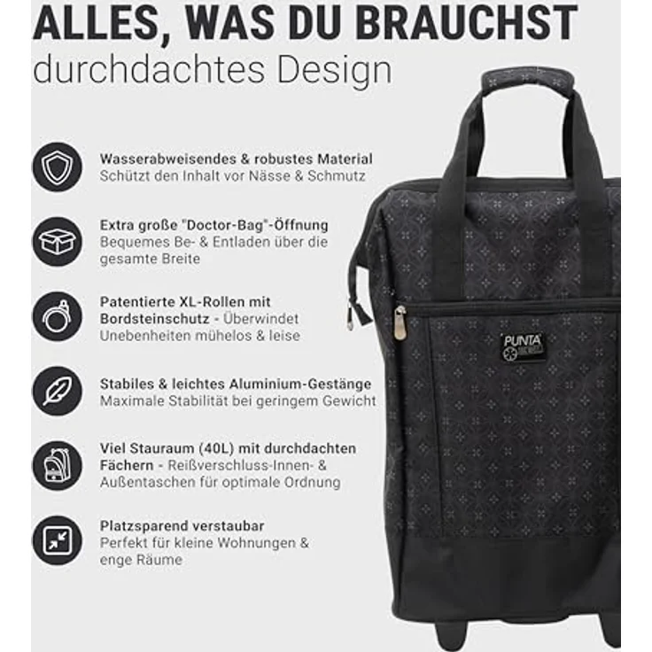 Punta Big Wheel Einkaufstrolley, 62 cm, schwarz, aus 100% Polyester, mit großen Rädern – Bild 3