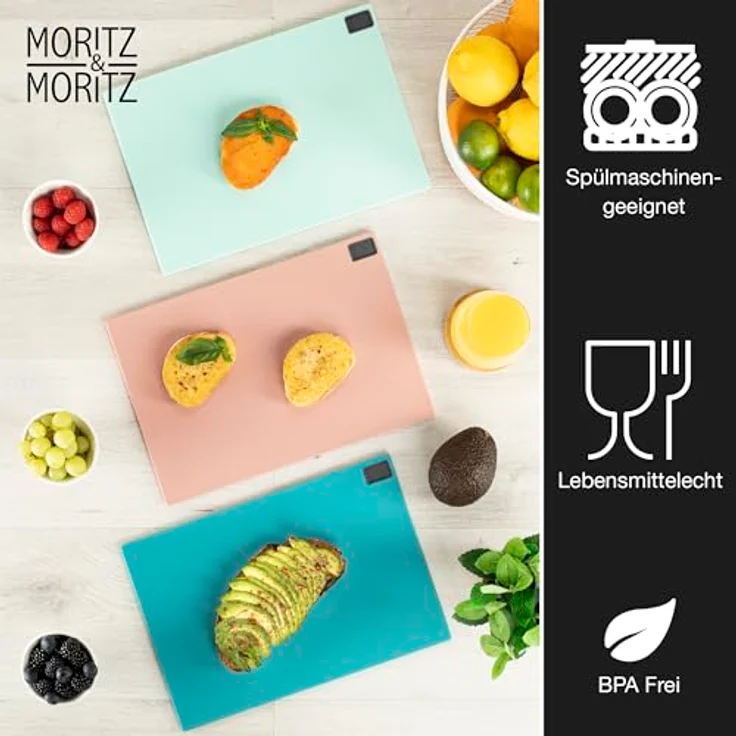 Moritz & Moritz 3x Schneidebrett Kunststoff Set - 32 x 22 cm - Im praktischen Ständer – Küchenbrett Groß – Spülmaschinengeeignet und hygienisch – Bild 3