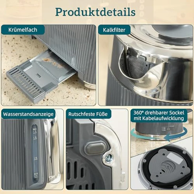 HOMCOM Wasserkocher-Toaster Set, 1,7L Wasserkocher und 4-Scheiben-Toaster in Grau/Silber, mit Thermostat und 7 Bräunungsstufen – Bild 9