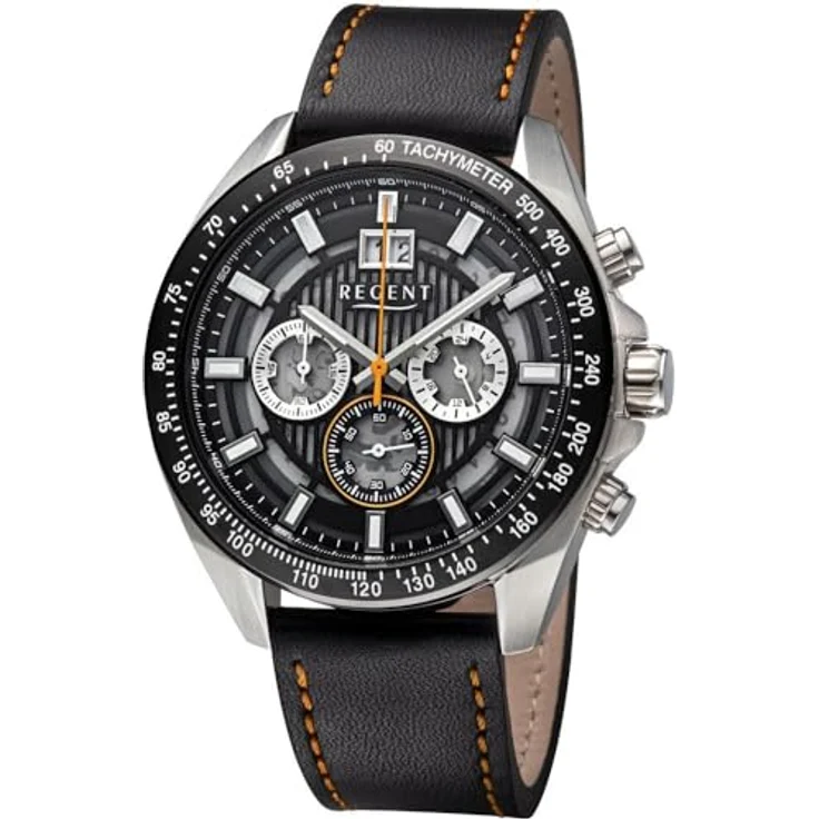 REGENT Herrenuhr Chronograph mit Lederband 11110943, Edelstahlgehäuse, schwarzes Zifferblatt - Preisvergleich