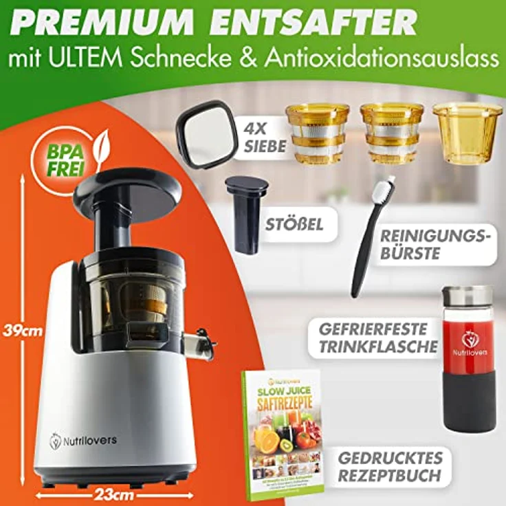 Nutrilovers NUTRI-PRESS NO.1, Slow Juicer mit 3 Sieben, sehr leise, BPA-frei, 200 W, Testsieger Saftausbeute – Bild 2