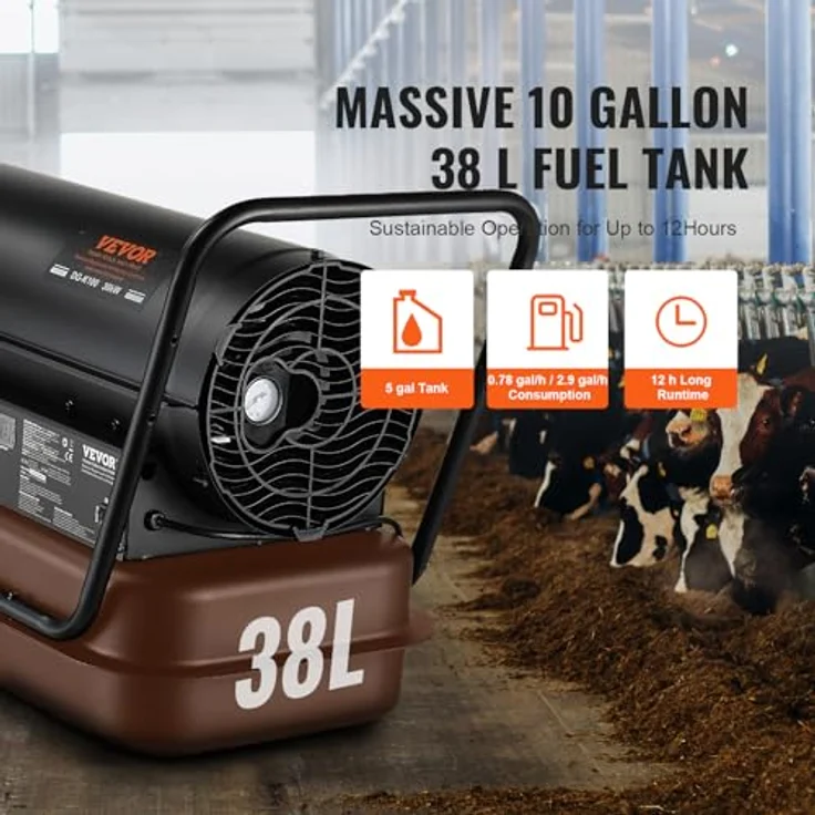 VEVOR Kerosin-/Diesel-Warmluftheizung DG-K100, tragbarer Torpedo-Raumheizer mit 100.000 BTU und Thermostat, 38-Liter-Tank für innen und außen, schwarz – Bild 5