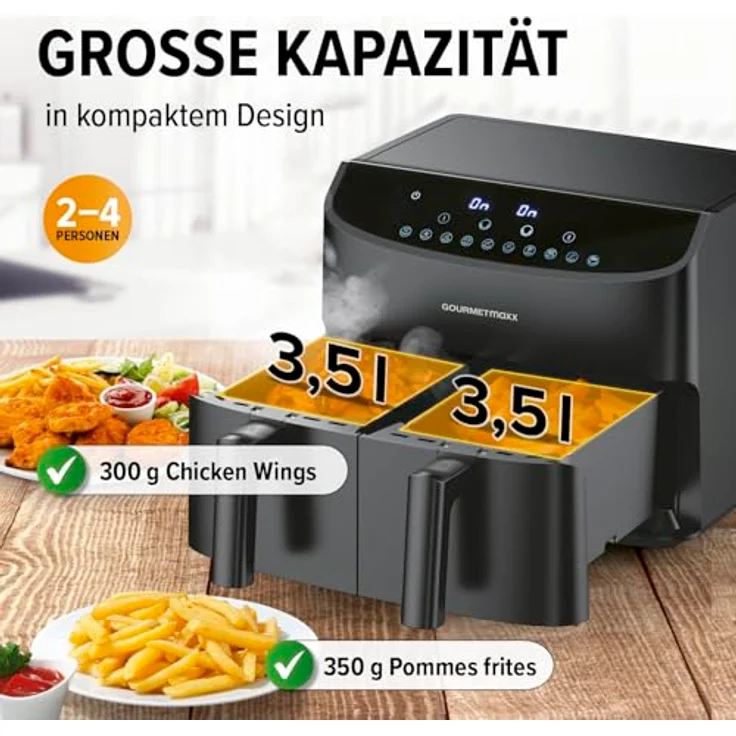 GOURMETmaxx Heißluftfritteuse Doppelkammer, 2400 W, 9 Funktionen, bis 230°C, fettarm (Silber) – Bild 4