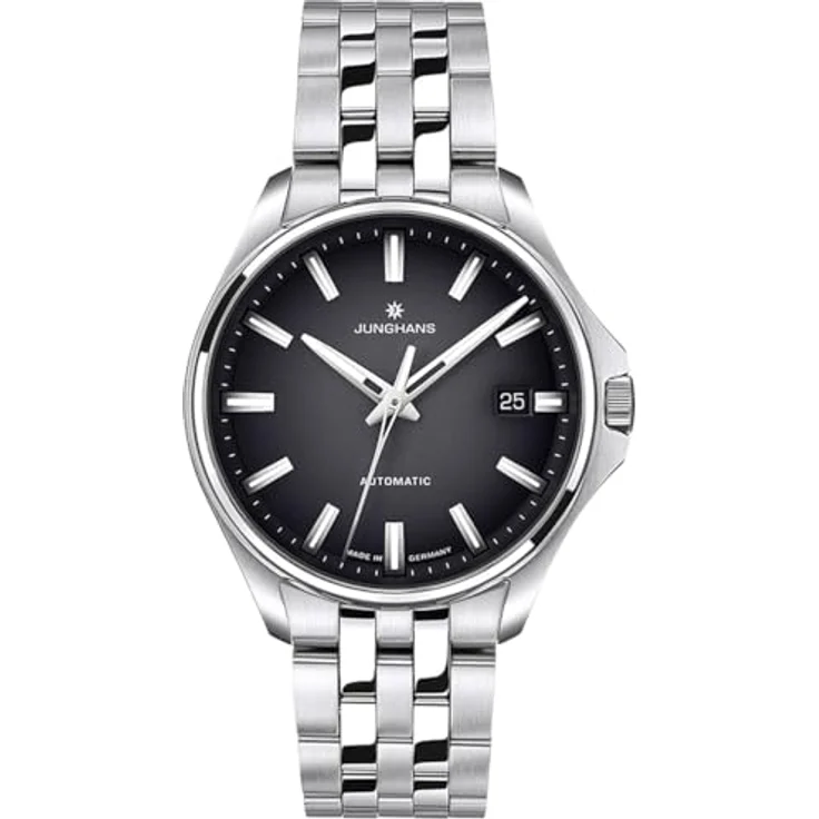 JUNGHANS Damenuhr Automatik Meister S, 36 mm, Edelstahl silber mit schwarzem Zifferblatt, kratzfest und leuchtend im Dunkeln – Bild 1